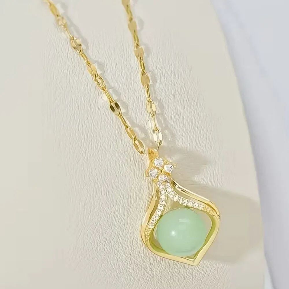 Jade-in-Pocket Necklace Golden Pendant Nestled In Cubic Zirconia on Lip Chain